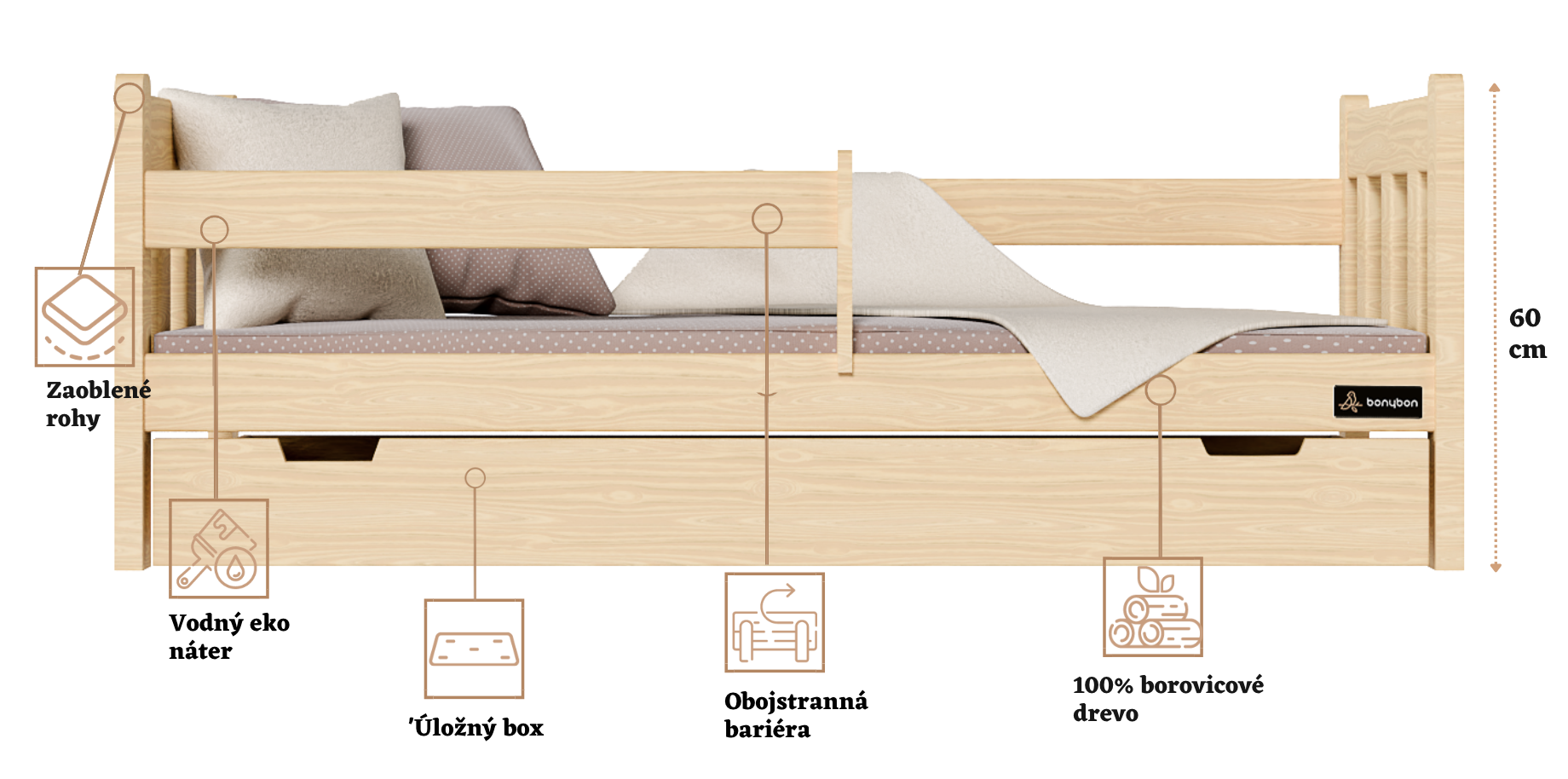 Detská masívna posteľ Maja borovica + box